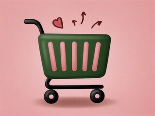 Shopping cart with heart symbols expressing love and excitement for consumerism against a pink backdrop showcasing the intersection of commerce and emotions in modern retail therapy