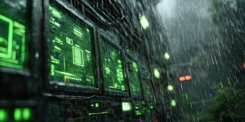 Rainy Dark Scene with Glowing Green Screens on Industrial Wall

