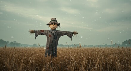 Scarecrow in a misty field