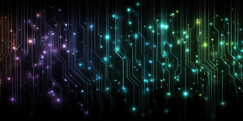 Dark Tech Grid with Multicolor Glowing Lines and Data Particles

