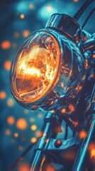 A close up shot of a motorcycle headlight illuminating with a bokeh background in the dark night