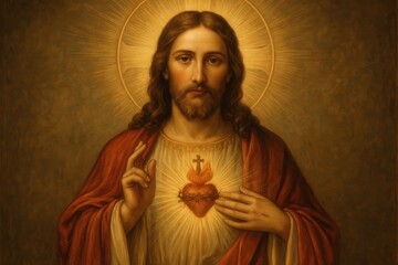 Sacred Heart of Jesus religious artwork with divine light rays and spiritual symbolism