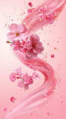 A gentle cascade of pink flowers and petals flowing on a soft pink background with glittery accents