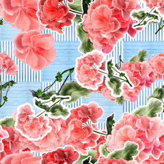 Seamless repeating pattern pink geranium flowers with white sticker outlines on a blue striped background. For scrapbooking, gift wrapping, textile design, digital papers, and decorative projects.