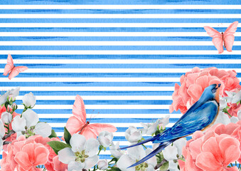 Watercolor swallow among pink geraniums, apple blossoms, and butterflies on a horizontal blue striped background. Ideal for wedding invitations, summer cards, scrapbooking, and decorative paper.