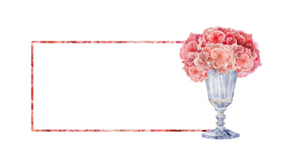 Watercolor frame with pink hydrangea flowers arranged in a crystal goblet. Elegant floral composition on white background, suitable for invitations, labels, packaging, and romantic designs.