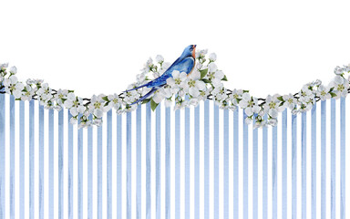 Seamless border design with delicate apple tree blossoms over vertical blue watercolor stripes and a perched blue songbird. Great for spring-themed packaging, stationery, wrapping, and surface prints.