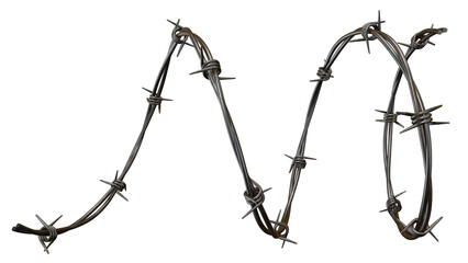 A single strand of barbed wire coiled against a black background in a studio shot close up view on transparent background