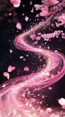 A pink ribbon of light with cherry blossoms and falling petals on a dark background illustration