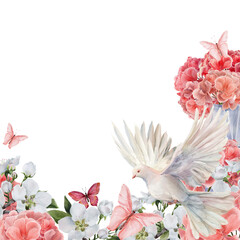 Delicate floral corner frame with a flying white dove, pink geranium flowers, apple blossoms, and butterflies on a white background. Perfect for greeting cards, spring-themed invitations, and labels.