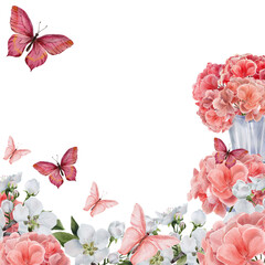 Floral corner border with pink geraniums in a vase, apple blossoms, and butterflies. The white background provides copy space. Suitable for scrapbooking, cards, and decoupage projects.