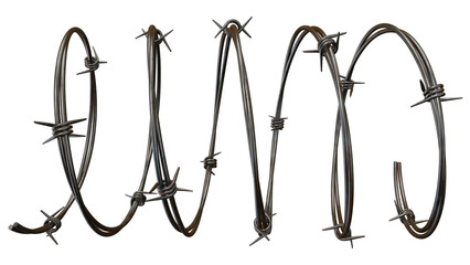 A close up view of a coiled strand of barbed wire against a dark black colored background in a studio shot on transparent background