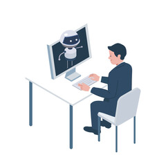 Businessman Working with AI at Office Desk – Isometric Illustration