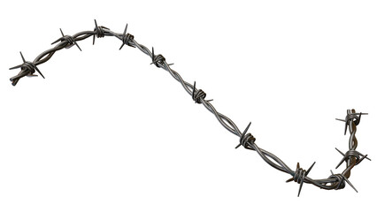 A piece of barbed wire angled across a black background in a close up studio shot with dark shadows on transparent background