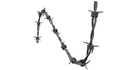 A close up view of a strand of barbed wire isolated against a stark black background in a studio shot on transparent background