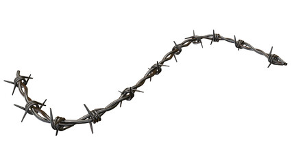 A single strand of barbed wire curving across a black background in a studio shot image style on transparent background