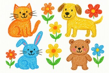 Naklejka premium Whimsical children's crayon art featuring playful animals and flowers in bright primary colors