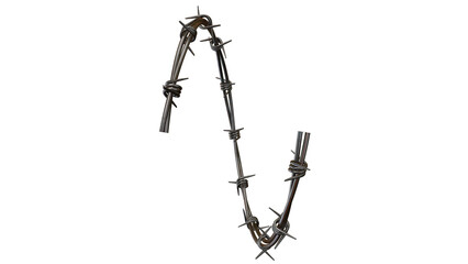 A close up of a barbed wire fence against a black background in a studio setting and neutral lighting on transparent background