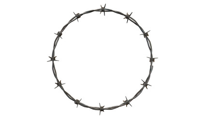 Isolated barbwire circle on black background with sharp edges creating a protective barrier ring on transparent background