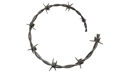A circular shape formed by coiled barbed wire against a plain black colored background image view on transparent background