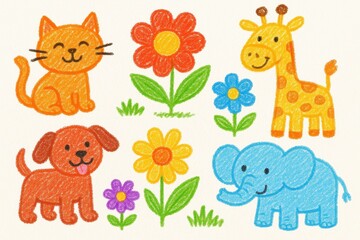 Fototapeta premium Whimsical children's crayon art featuring playful animals and flowers in bright primary colors