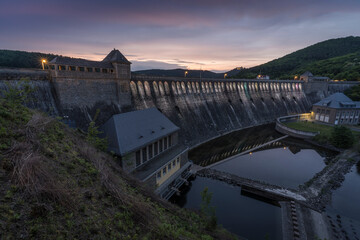 Illuminated water barrage od the Edertal near Kassel.