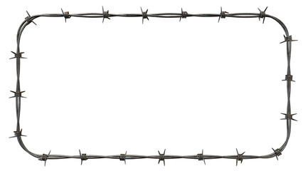Barbed wire frame isolated on black background with sharp points and metallic texture design element on transparent background
