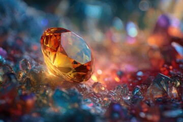 A close up of a large orange gemstone surrounded by smaller colorful gems and bokeh lights