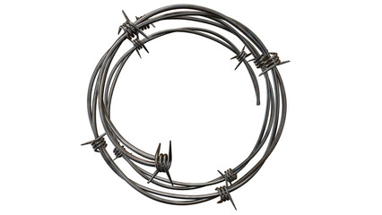 A coil of barbed wire resting against a dark background with sharp points and twisted metal strands on transparent background