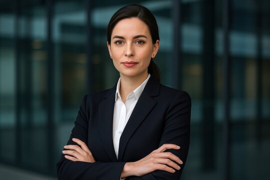 Executive businesswoman professional headshot with modern corporate office environment and confident demeanor