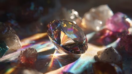 Close up of a diamond with rainbow light reflecting on it surrounded by other gems and crystals
