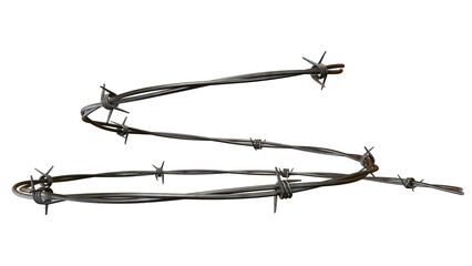 A barbed wire strand isolated on a black background with sharp metal spikes and twisted wires on transparent background