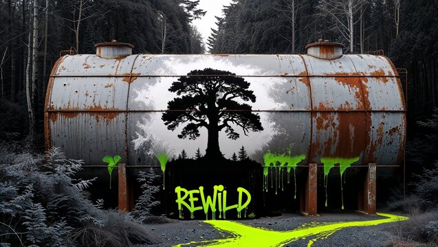 Rusty industrial tank turned ecological artwork with tree graffiti and "REWILD" slogan, highlighting the importance of planting trees, protecting forests, and fighting for environmental justice.