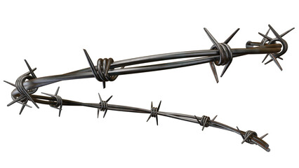 A close up of two strands of barbed wire against a plain black studio background design element on transparent background