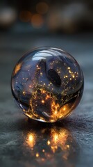 A captivating close up of a glass sphere with an intricate city landscape inside it with lights