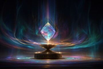 A shimmering crystal diamond resting on a pedestal with ethereal light and swirling energy around it