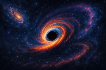 Cosmic black hole with swirling galaxy colors and astronomical phenomena visualization