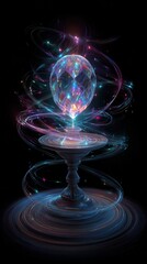 A crystal orb on a pedestal with swirling lights around it in a dark and magical atmosphere scene