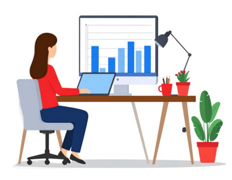 Flat design bar chart in remote work setting, transparent background PNG