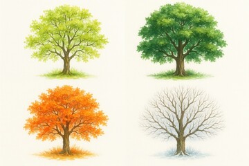 Obraz premium Watercolor tree collection featuring seasonal botanical illustrations for nature-themed design and environmental education materials