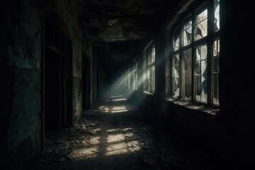 Obraz premium Abandoned building interior featuring dramatic lighting and atmospheric decay for urban exploration and architectural photography themes