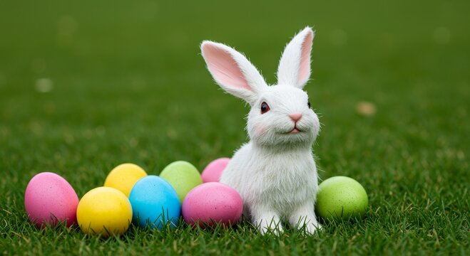 White Easter Bunny Figurine with Colorful Eggs on Green Grass