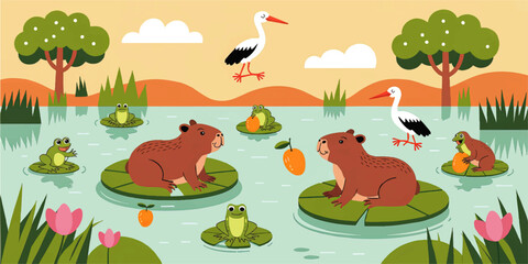 Obraz premium Cute Cartoon Lake Scene with Capybaras, Frogs, Storks and Lilypads in Colorful Nature Landscape for Kids and Education