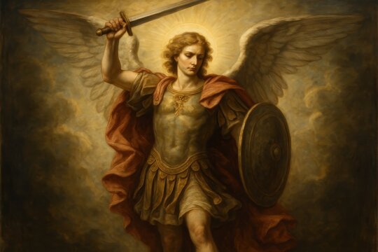 Archangel Michael illustration with powerful wings and divine armor in classical religious art style