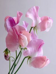 Delicate sweet pea flower with winged petals and curling tendrils isolated on white background