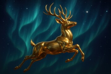 Naklejka premium Modern 3D golden deer silhouette leaping through midnight blue aurora landscape with celestial elements