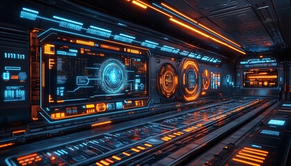 Advanced Control Panel Interior With Orange And Blue Neon Lighting