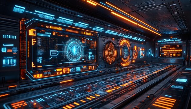 Advanced Control Panel Interior With Orange And Blue Neon Lighting