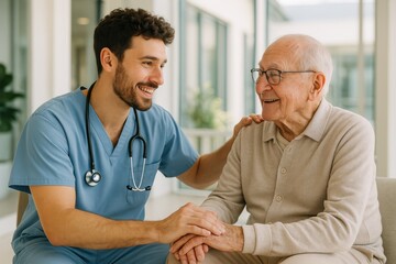 Obraz premium Compassionate young doctor consulting with elderly patient in modern medical facility