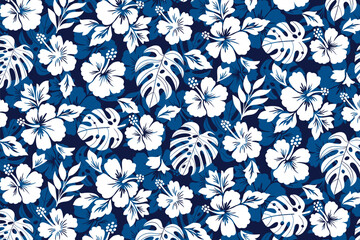 Blue hawaiian plant leaves pattern illustration blue background
